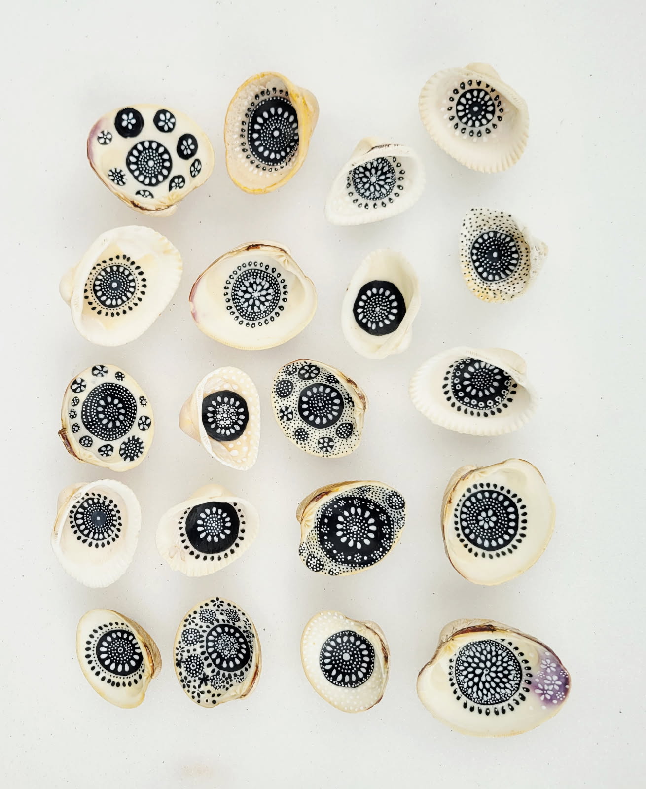 White seashells painted with blue patterns